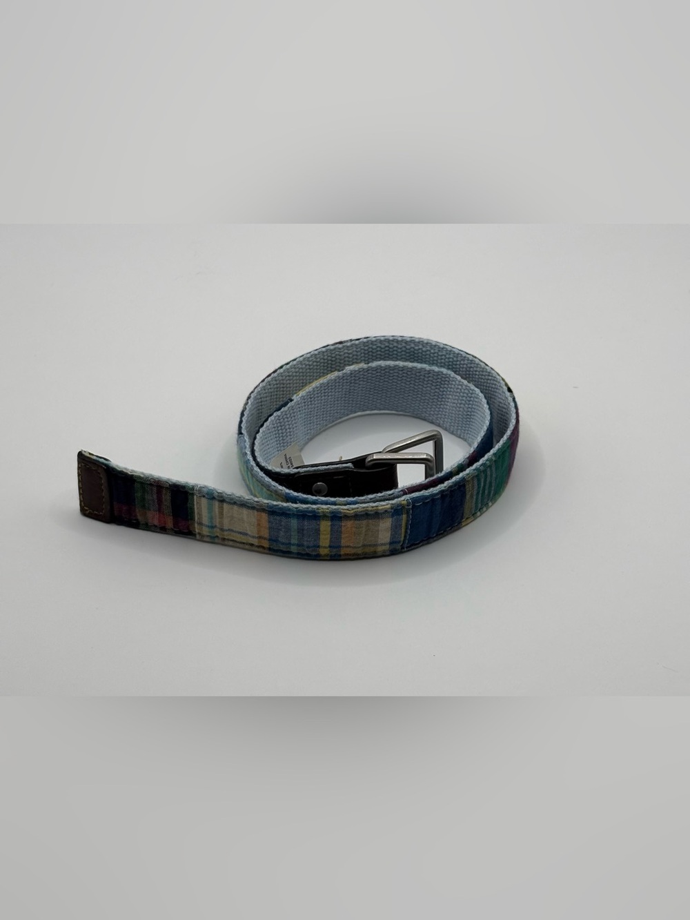 Gap Kids Plaid Canvas Belt Blue Green Yellow Leather Trim Adjustable Belt